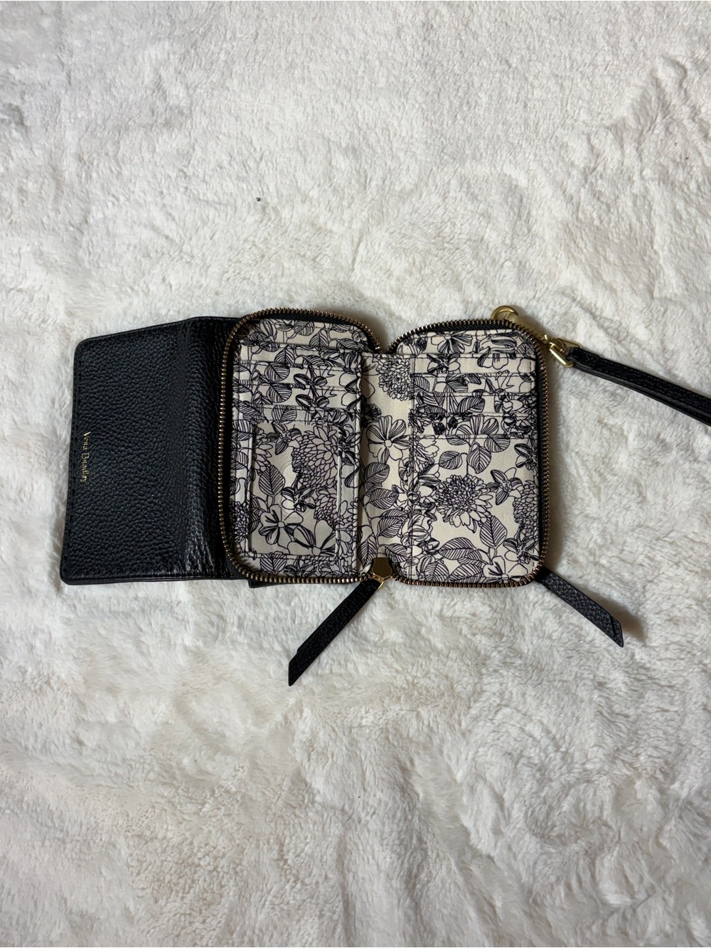 Vera Bradley Black Leather Wristlet Wallet with Floral Interior